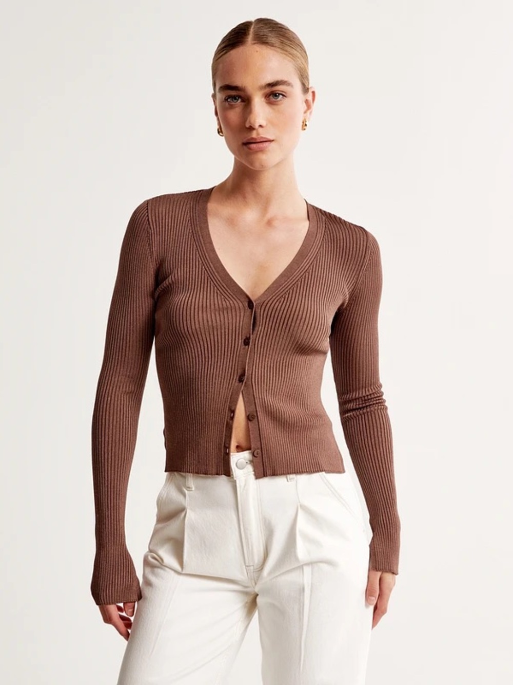 Abercrombie & Fitch Ribbed V-Neck Cardigan in Mauve Brown